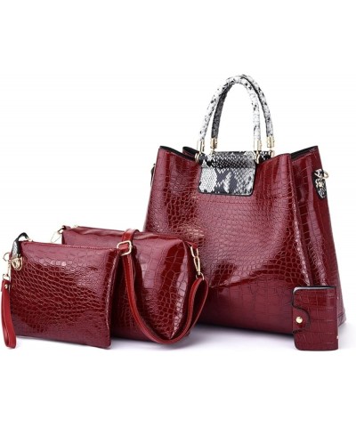 Women 4 Pcs Handbag Tote Stitching Shoulder Bag PU Top Handle Hobo Satchel Purse Clutch Wallet Key Holder Set Red $22.55 Totes