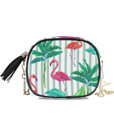 Small Crossbody Bag Tropical Flamingo Birds Striped Womens Shoulder Chain Bag PU Leather Small Purse With Tassel $13.91 Shoul...