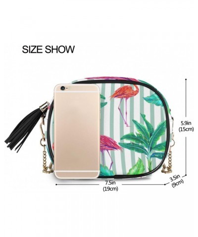 Small Crossbody Bag Tropical Flamingo Birds Striped Womens Shoulder Chain Bag PU Leather Small Purse With Tassel $13.91 Shoul...