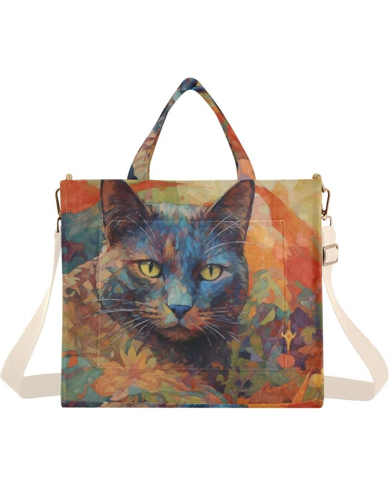 Painting Cat Yellow Eye Corduroy Women Tote Bag, Handbag Purse with Detachable Strap $15.04 Crossbody Bags