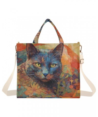 Painting Cat Yellow Eye Corduroy Women Tote Bag, Handbag Purse with Detachable Strap $15.04 Crossbody Bags