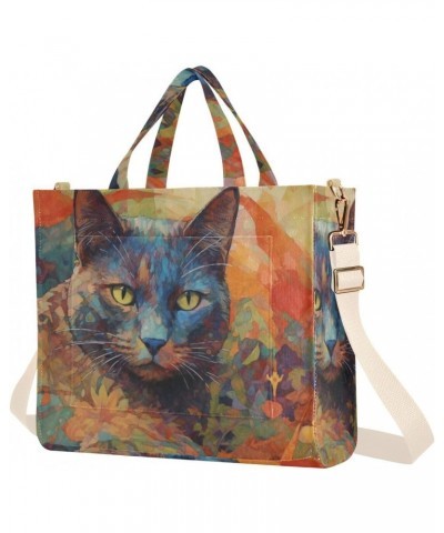 Painting Cat Yellow Eye Corduroy Women Tote Bag, Handbag Purse with Detachable Strap $15.04 Crossbody Bags