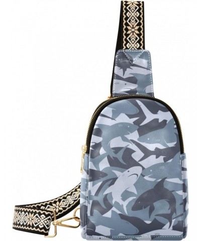 Sharks Camo Crossbody Sling Bag for Women Men Leather Chest Bags Purse Adjustable Cross Body Daypack for Workout Travel Outdo...