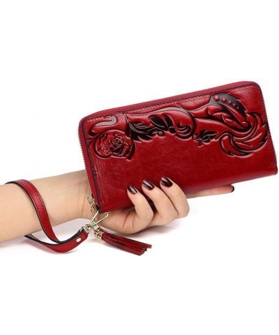 retro Women Genuine Leather Wallets，fashion Women Floral Long Womens Leather Purses，woman Black Large Capacity Clutch Wallet ...