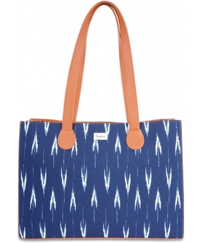 Handcrafted Vegan Leather Office Tote Bag For Women Wovet Ikat Designed Printed Canvas Tote Shoulder Bag $26.58 Totes