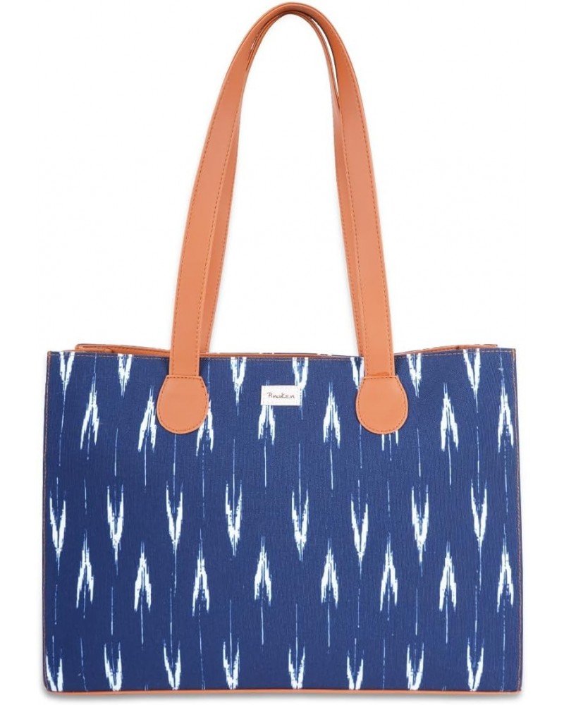 Handcrafted Vegan Leather Office Tote Bag For Women Wovet Ikat Designed Printed Canvas Tote Shoulder Bag $26.58 Totes