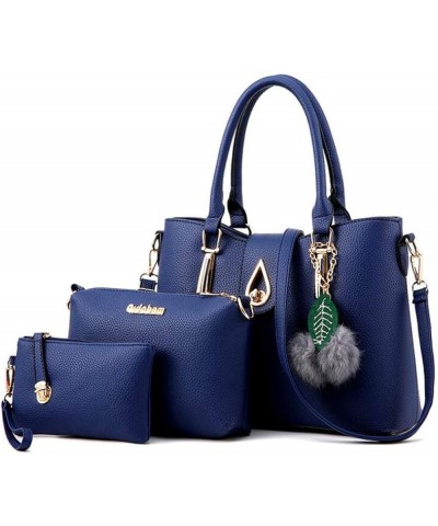 Women Synthetic PU Leather Tote Satchel Crossbody Hobo 3pcs Handbags Shoulder Messenger Leaf Metal Hair Ball Pendant Blue $19...