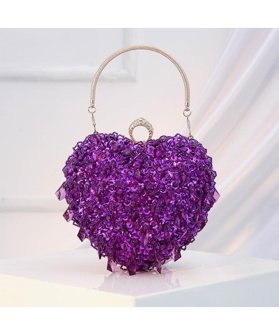 Women's Evening Bag Sparkling Beaded Sequins Love Shape Purse Clutch Detachable Chain Top-handle Corssbody Bag for Women Purp...