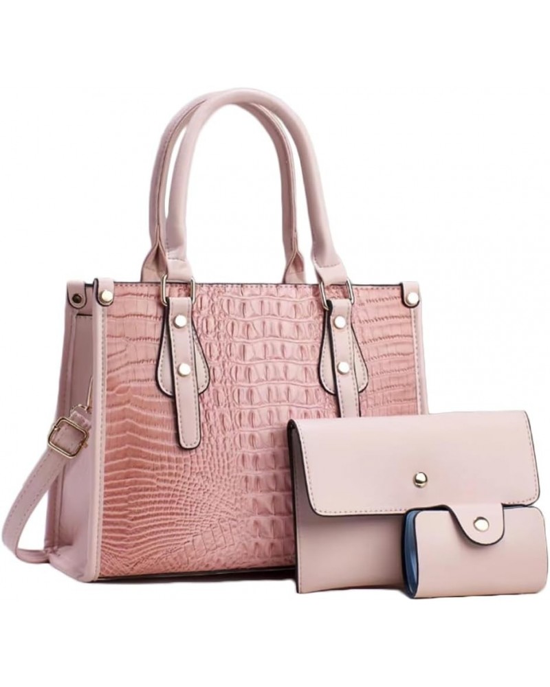 Women Handbag and Purse 3pcs PU Leather Crocodile Pattern Tote Satchel Clutch Wallet Card Holder Pink $18.89 Totes