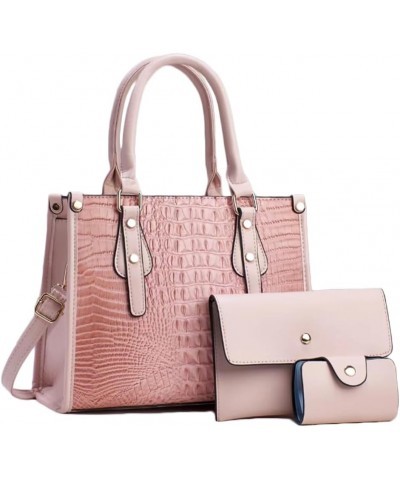 Women Handbag and Purse 3pcs PU Leather Crocodile Pattern Tote Satchel Clutch Wallet Card Holder Pink $18.89 Totes