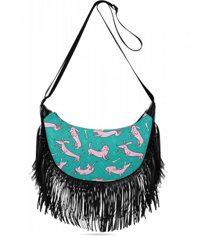 Pink Dachshunds Dogs on Blue Crossbody Bag for Women Fringe Shoulder Bag with Adjustable Strap $13.76 Crossbody Bags