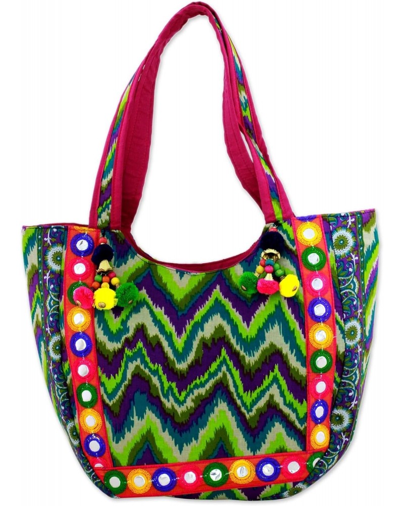 Handmade Embroidered Tote Handbag with Green Zigzag Motifs from India Multicolor Printed Floral 'Sonic Green' $24.50 Shoulder...