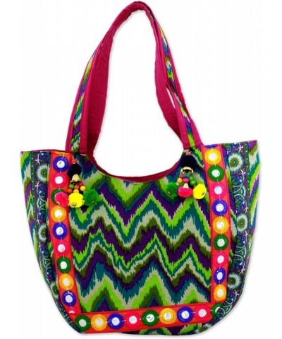 Handmade Embroidered Tote Handbag with Green Zigzag Motifs from India Multicolor Printed Floral 'Sonic Green' $24.50 Shoulder...