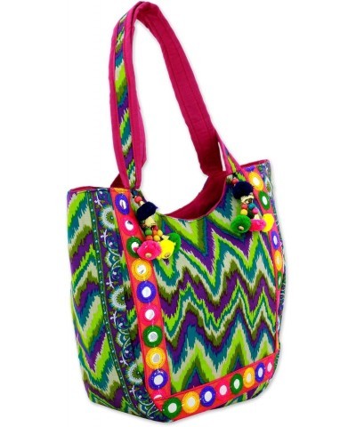 Handmade Embroidered Tote Handbag with Green Zigzag Motifs from India Multicolor Printed Floral 'Sonic Green' $24.50 Shoulder...