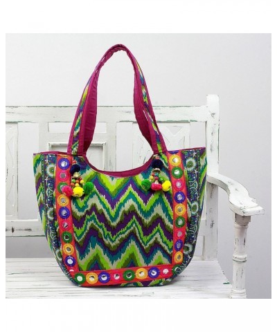 Handmade Embroidered Tote Handbag with Green Zigzag Motifs from India Multicolor Printed Floral 'Sonic Green' $24.50 Shoulder...