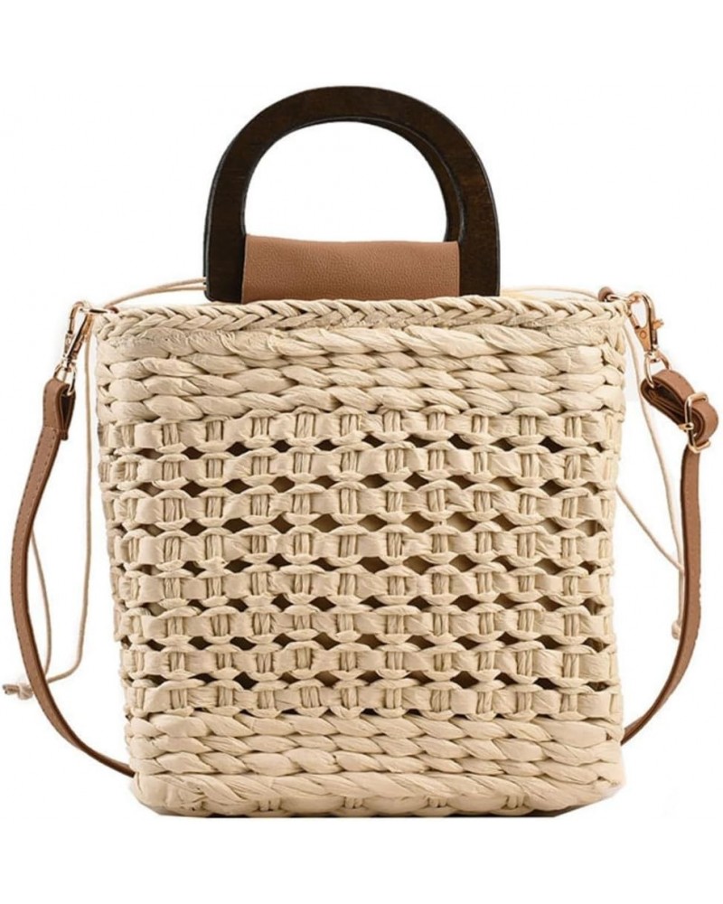 Women Straw Drawstring Bucket Purse Small Tote Shoulder Handbag Hollow Out Cross-body Bag for Summer,Beach D-beige $10.64 Totes