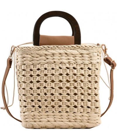 Women Straw Drawstring Bucket Purse Small Tote Shoulder Handbag Hollow Out Cross-body Bag for Summer,Beach D-beige $10.64 Totes