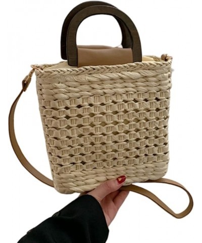 Women Straw Drawstring Bucket Purse Small Tote Shoulder Handbag Hollow Out Cross-body Bag for Summer,Beach D-beige $10.64 Totes