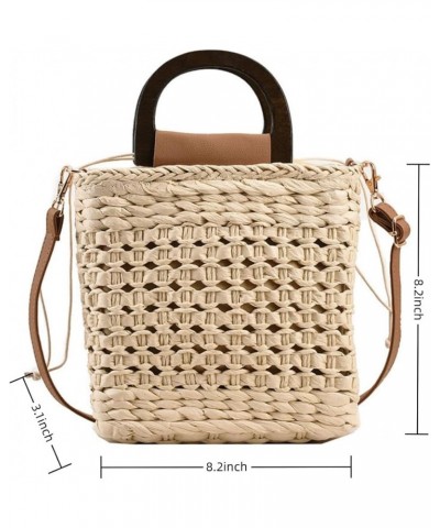 Women Straw Drawstring Bucket Purse Small Tote Shoulder Handbag Hollow Out Cross-body Bag for Summer,Beach D-beige $10.64 Totes