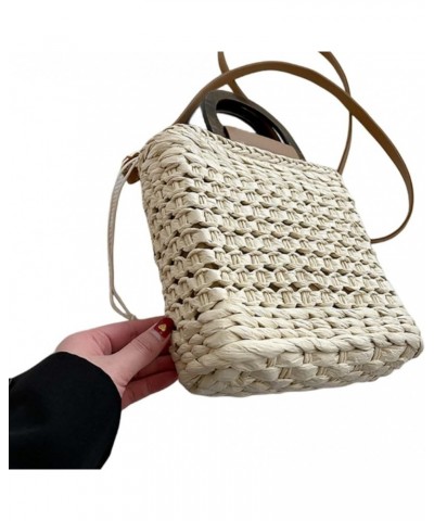 Women Straw Drawstring Bucket Purse Small Tote Shoulder Handbag Hollow Out Cross-body Bag for Summer,Beach D-beige $10.64 Totes