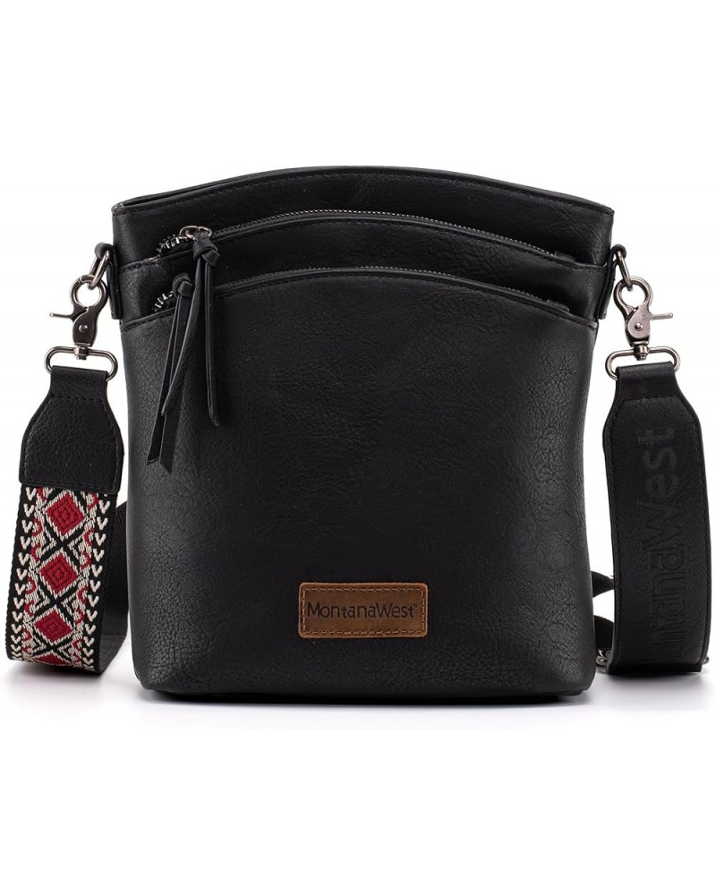 Multi Zip Pocket Large Crossbody Bag With Guitar Strap Classic Black $16.34 Crossbody Bags