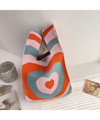 Girl's Love Color Matching Knitted Handbag Women's One Shoulder Weave New Versatile Heart Bag Orange $15.60 Shoulder Bags