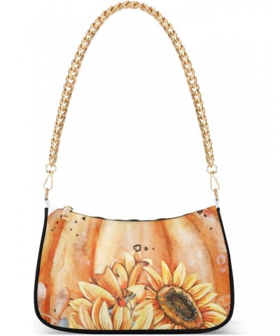 Women Chain Shoulder Purse Bag With Zipper Pumpkin Sunflower Print, Watercolor Botanical Hobo Tote Clutch Handbags with Chain...