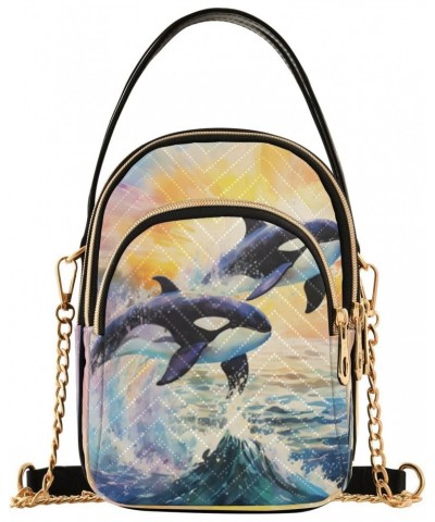 Quilted Crossbody Bags for Women,Whales Jumping From The Ocean Women's Crossbody Handbags Small Travel Purses Phone Bag $9.68...