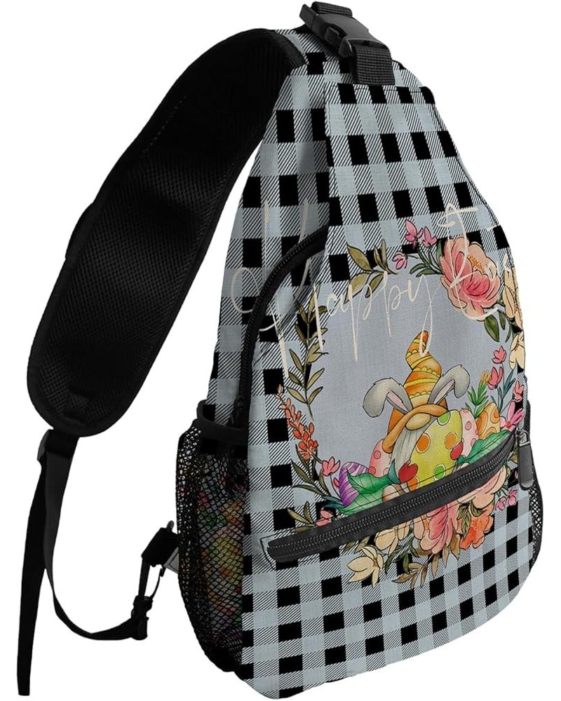 Sling Backpack, Easter Vintage Cute Gnome with Wreath Black Plaid Waterproof Lightweight Small Sling Bag, Travel Chest Bag Cr...