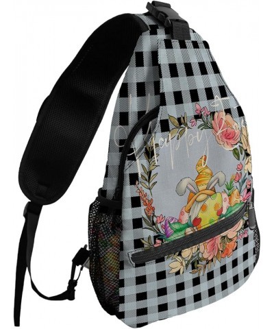 Sling Backpack, Easter Vintage Cute Gnome with Wreath Black Plaid Waterproof Lightweight Small Sling Bag, Travel Chest Bag Cr...