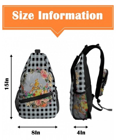 Sling Backpack, Easter Vintage Cute Gnome with Wreath Black Plaid Waterproof Lightweight Small Sling Bag, Travel Chest Bag Cr...