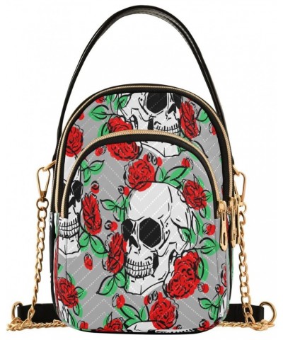 Skull Flower Floral Crossbody Bags for Women Quilted Chain Crossbody Purses Trendy Summer Roses Vintage Cross Body Phone Purs...