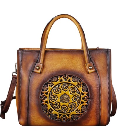 Retro Women's Ethnic Style Tote Bag Genuine Leather Embossing Handbag Large Capacity Top Handle Hobo Satchel Bags Yellow $46....