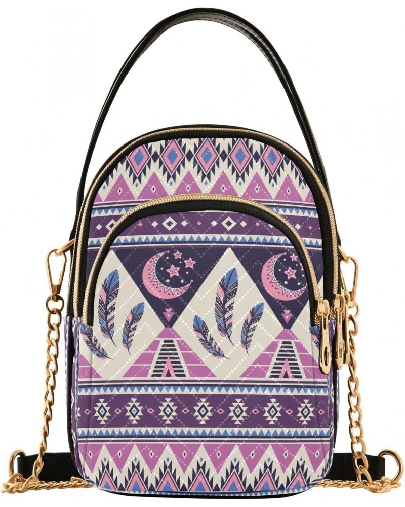 Tribal Striped Bohoo Small Crossbody Handbag for Women Mini Over Shoulder Purse with Three Zippered Pockets Durable Cell Phon...