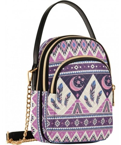 Tribal Striped Bohoo Small Crossbody Handbag for Women Mini Over Shoulder Purse with Three Zippered Pockets Durable Cell Phon...