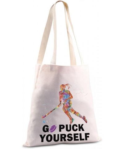 Hockey Girl Gifts Go Puck Yourself Hockey Tote Bag Ice Hockey Player Gift for Her Hockey Travel Canvas Bag Go Puck Yourself T...