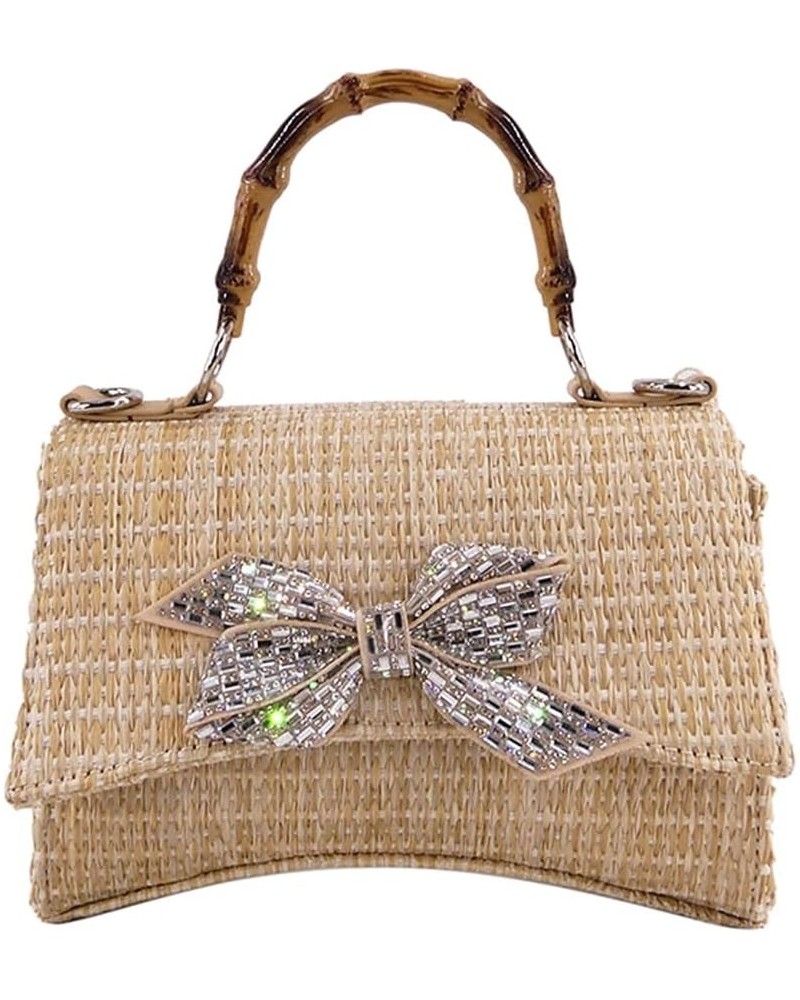 Women's Straw Woven Crossbody Handbags Rhinestone Bowknots Bamboo Handle Strap Clutch Purse Evening Handbag for Summer Beach ...