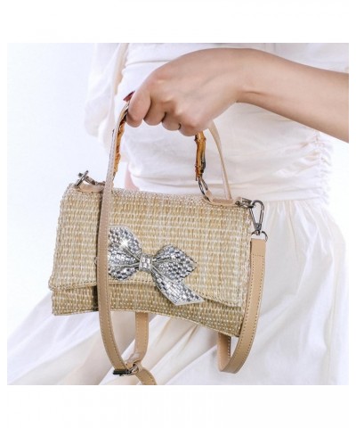 Women's Straw Woven Crossbody Handbags Rhinestone Bowknots Bamboo Handle Strap Clutch Purse Evening Handbag for Summer Beach ...