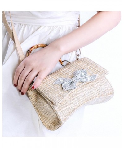 Women's Straw Woven Crossbody Handbags Rhinestone Bowknots Bamboo Handle Strap Clutch Purse Evening Handbag for Summer Beach ...