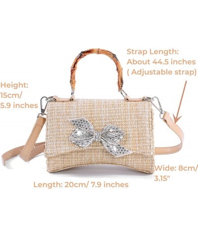 Women's Straw Woven Crossbody Handbags Rhinestone Bowknots Bamboo Handle Strap Clutch Purse Evening Handbag for Summer Beach ...