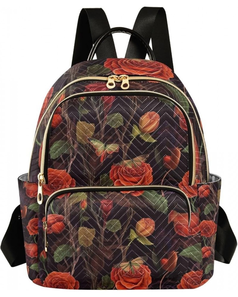 Vintage Flowers on a Beige Medium Backpack Purse for Women, Women's Backpack, Women's Travel Backpack for Airplane, M Black W...