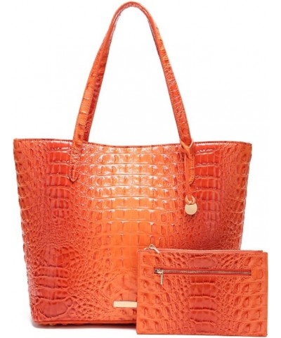 Women Tote Purses Crocodile-Embossed Pattern Shoulder Bag 2pcs PU Top Handle Handbag and Wallet Orange $24.98 Totes