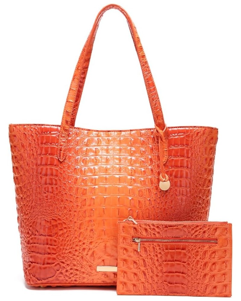 Women Tote Purses Crocodile-Embossed Pattern Shoulder Bag 2pcs PU Top Handle Handbag and Wallet Orange $24.98 Totes