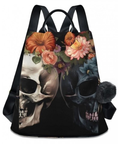 Women Backpack Purse - Two Skulls with Flowers, Anti Theft Fashion Casual Daypack Shoulder Bag with Key Chain 15 inches $20.0...