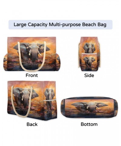 Watercolor Animal Elephant Beach Bags for Women Large Tote Bag with Zipper and Pockets Waterproof Sandproof Accessories Swim ...