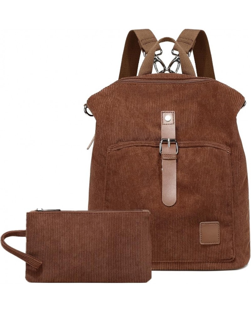 Corduroy Backpack Purse Set Women Ladies Fashion Casual Lightweight Shoulder Bag Wallet Travel Daypack (Brown) Brown $16.79 B...