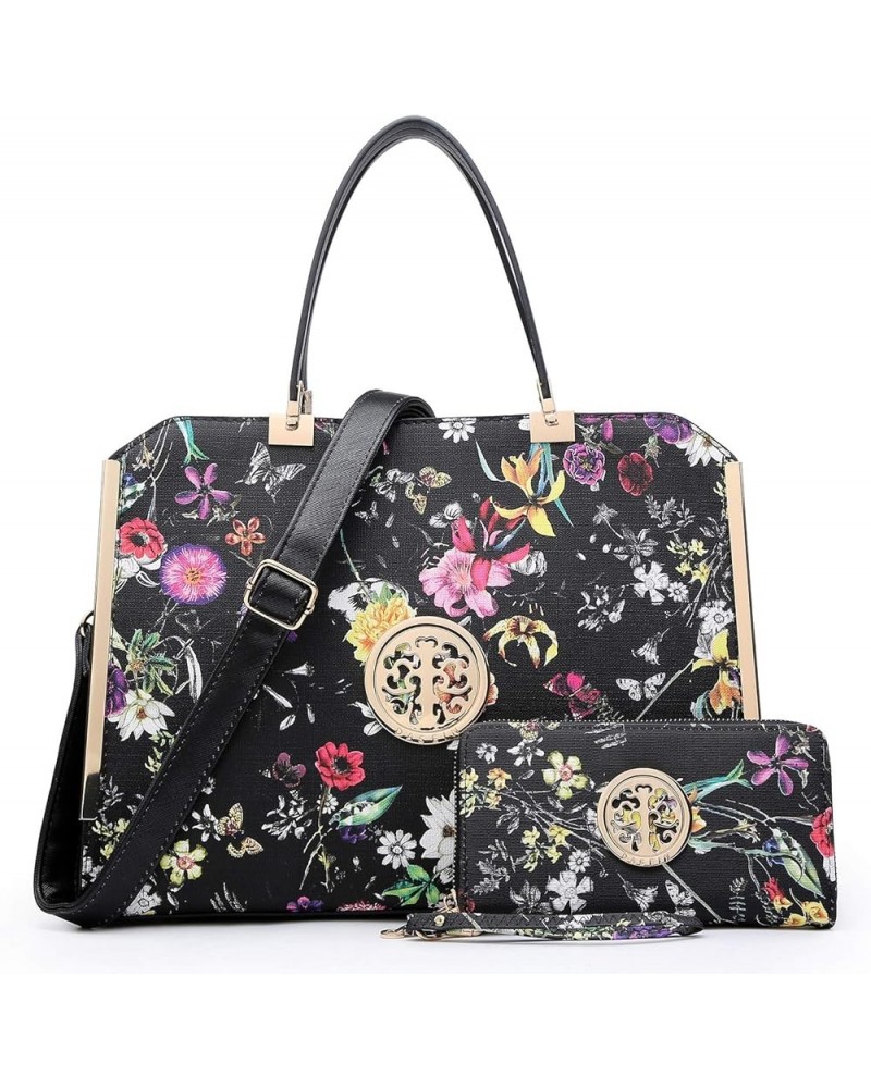 Women Purses and Handbags Top Handle Satchel Bags Large Shoulder Work Bag Tote with Wallet 01 Black Flower $15.99 Totes