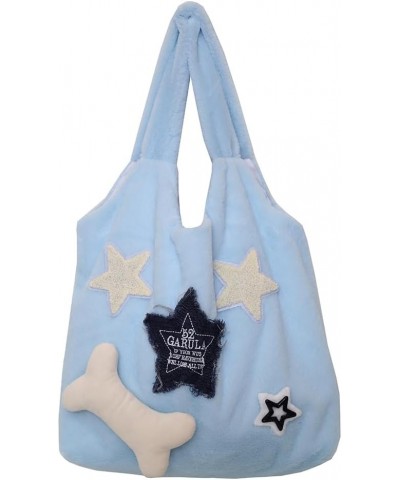 Women Simple Tote Bag Solid Color Star Plush Shoulder Bag Large Capacity Fluffy Shoulder Bag Soft for Autumn Winter Blue $8.4...