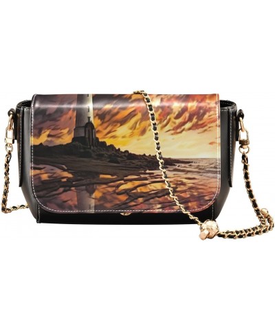 Sunset Lighthouse Leather Crossbody Bag for Women Small Handbag with Chain Strap, Flip-Top Crossbody Purse $18.40 Crossbody Bags