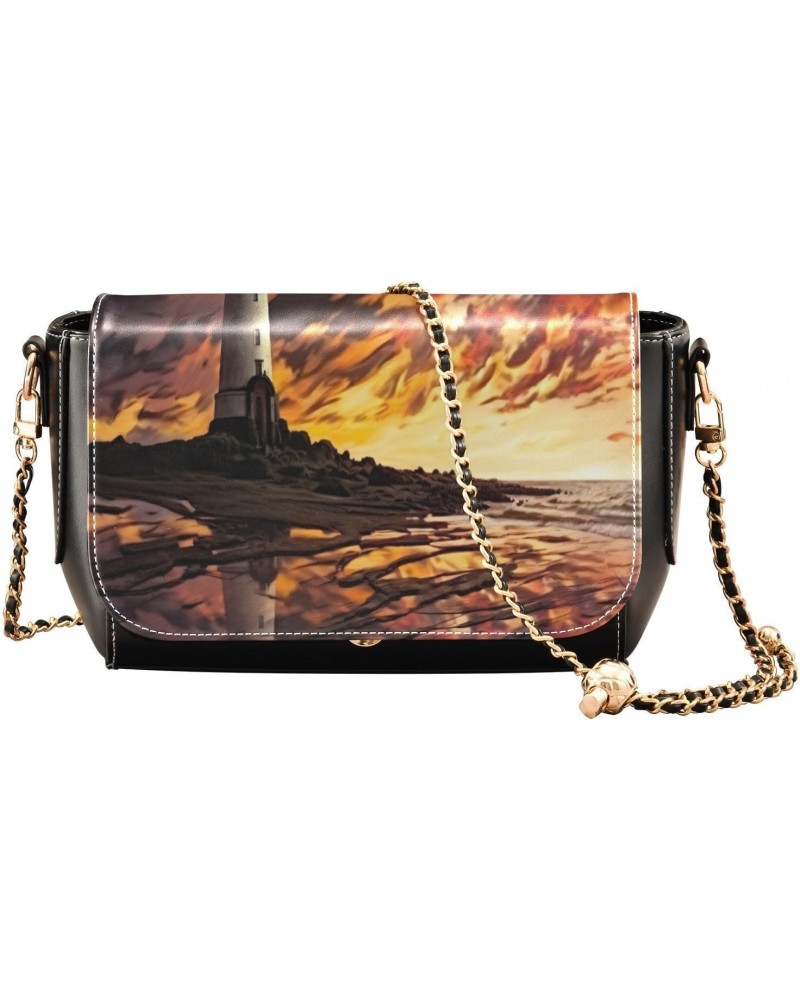 Sunset Lighthouse Leather Crossbody Bag for Women Small Handbag with Chain Strap, Flip-Top Crossbody Purse $18.40 Crossbody Bags